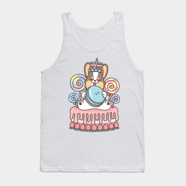 Birthday Celebration Sweets Macaron Cake with Tricoloured Corgi Tank Top by XEENYEE